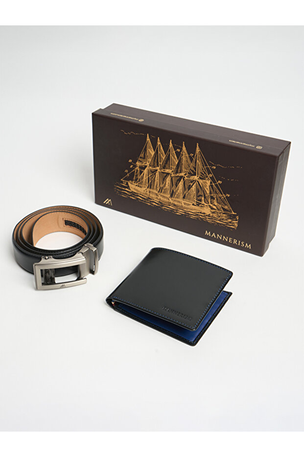 The Helm Signature Leather Gift Set – Belt & Wallet · Black/Black with Blue Accent