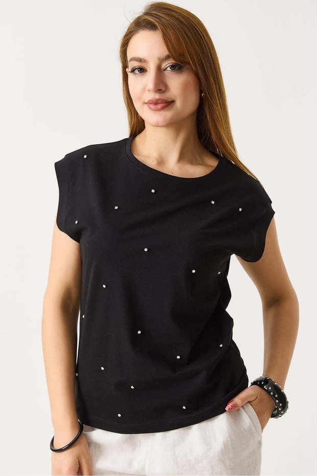 Women's Stylish Tshirt with Stone Detail in Black