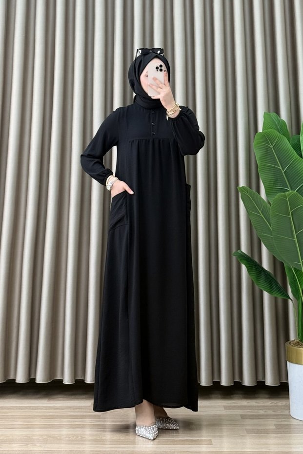 Dream Dress Ayrobin Fabric Women's Black Hijab Dress with Side Pocket Detail and Openable Collar with Buttons
