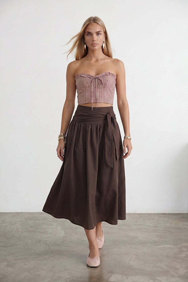 Women's Bitter Brown Waist-Tie Zippered Lined Midi Poplin Skirt Alc-X15519