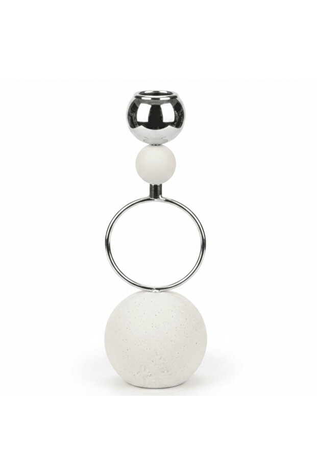 Silver Metal Candle Holder with White Round Chalk Base for Table Centerpieces – 23 cm