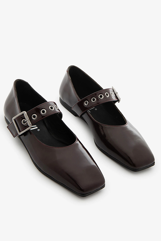 Burgundy Patent Leather Genuine Leather Square Toe Buckle Strap Detailed Women's Ballerina Shoes