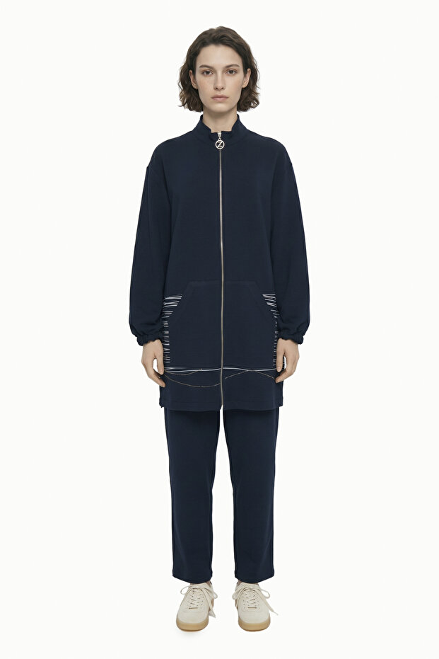 Zippered Pocket Detailed Sports Suit Navy Blue Suit 1944