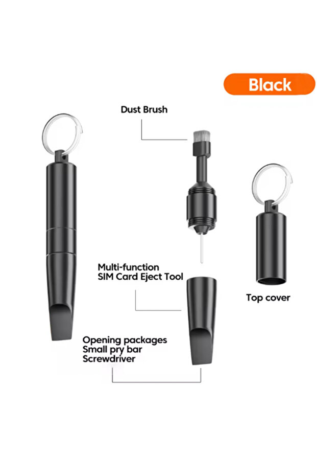 No black 3-in-1 Keychain SIM Card Eject Pin Phone Cleaning Brush Package Opener Tool For All Smartph