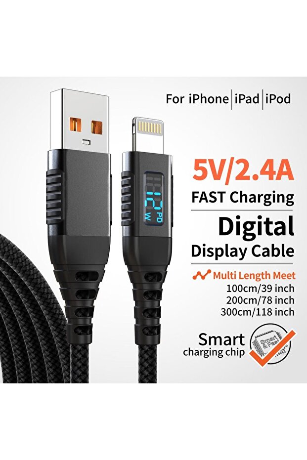 كابل شحن سريع من USB-A إلى Lightning بطول 1 متر مع شاشة عرض رقمية، معتمد من MFi، مصنوع من النايلون المنسوج.