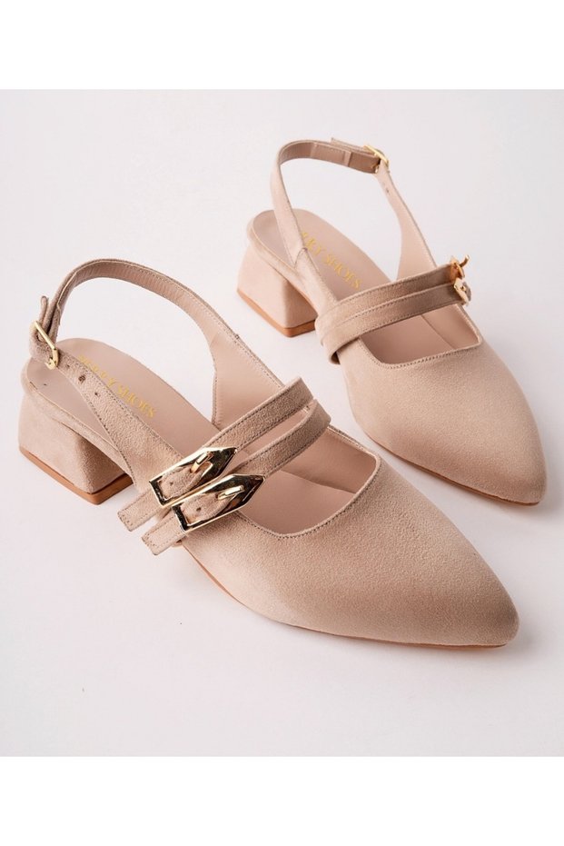 Vernis Women's Beige Suede Double Strap Buckle Pointed Toe Slingback Thick Heeled Shoes