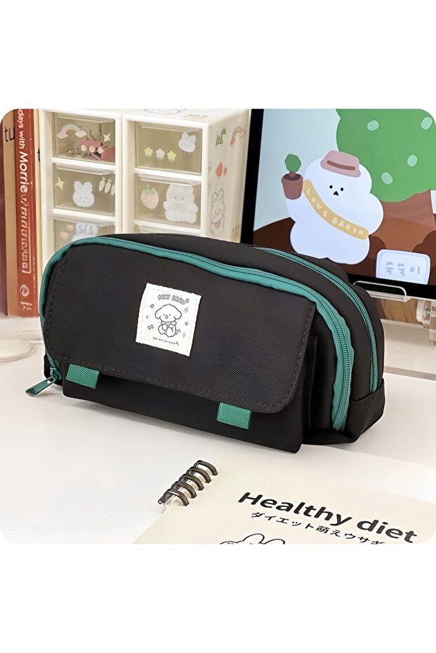 black Cartoon Dog Pencil Bag Pen Case 4 Layer Multi Slots Mesh Storage Pouch for Stationery School A