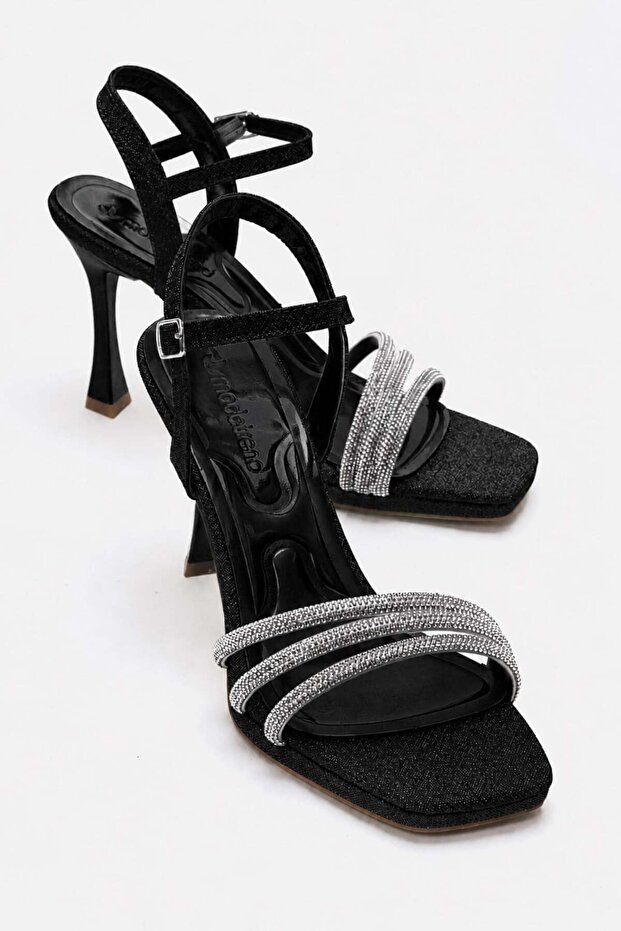 Women's 3-Stone Ribbed Heel Painted Heeled Sandals Black Glitter