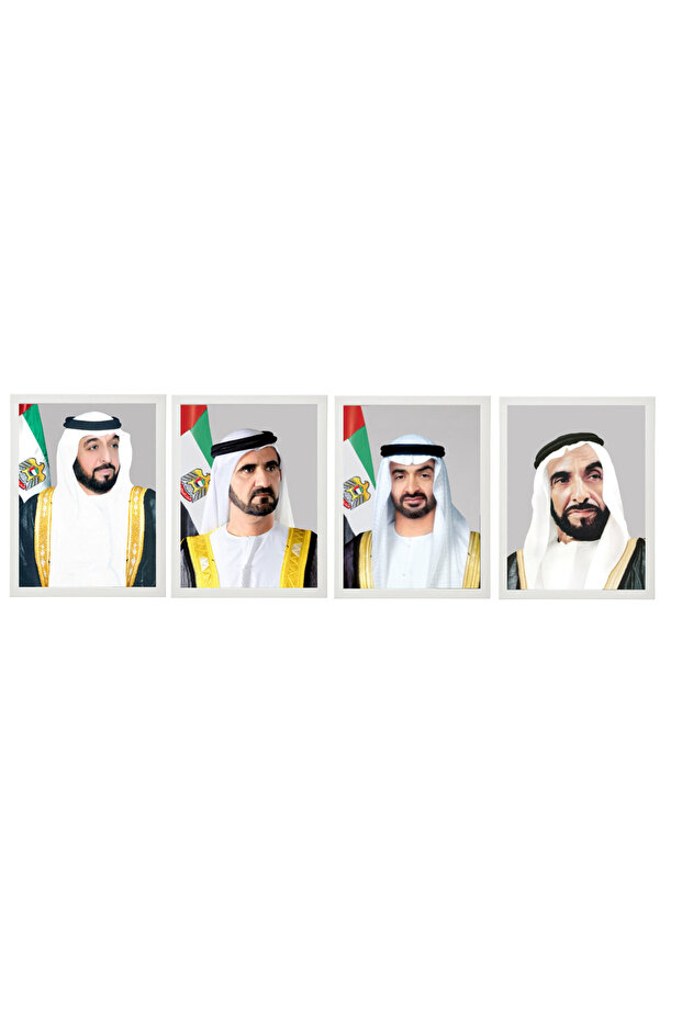 4-Piece UAE Rulers Official Portrait Poster With Frame 50x40cm - HH Sheikh Zayed, Sheikh Khalifa, Sheikh Mohamed Bin Zayed & Sheikh Mohammed Bin Rashid
