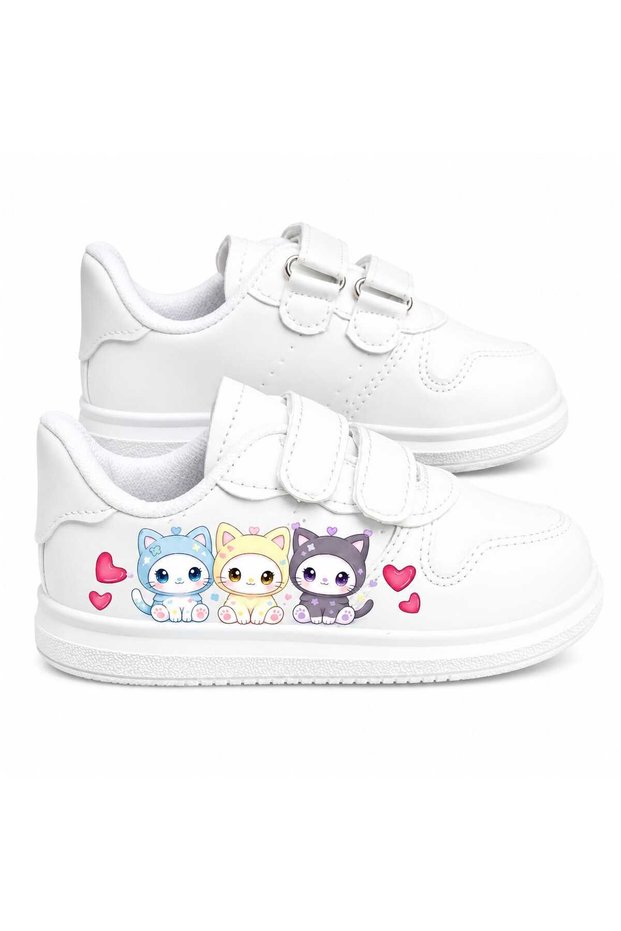 Sweet Cats and Hearts Printed White Band Children's Sports Shoes Sneaker