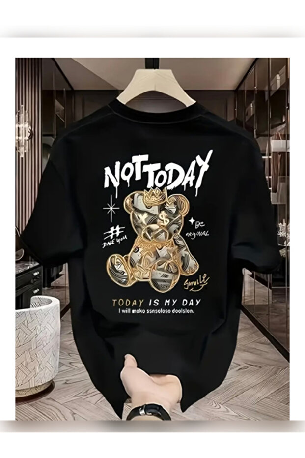 Unisex Oversized Printed Crew Neck Short Sleeve Black T-Shirt