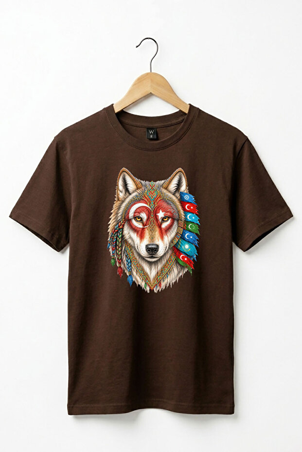 Ethnic Turkish Motifs and Wolf Print Moon Star and Turkish States Print 100% Cotton Basic T-Shirt