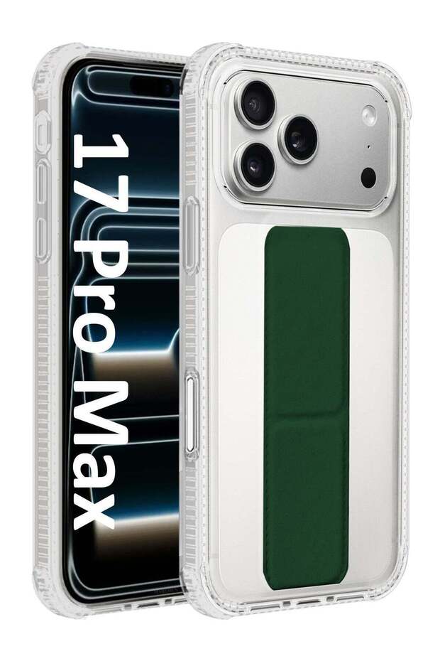 Finger Grip Clear Case Cover for iPhone 17 Pro Max - Kickstand Car Magnetic Holder Multi-function Protective Two-in-one Case - Dark Green