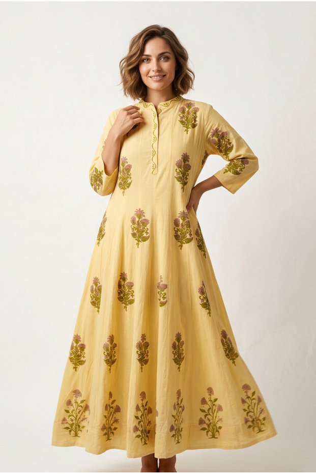 Rochie eleganta lunga din bumbac imprimat manual