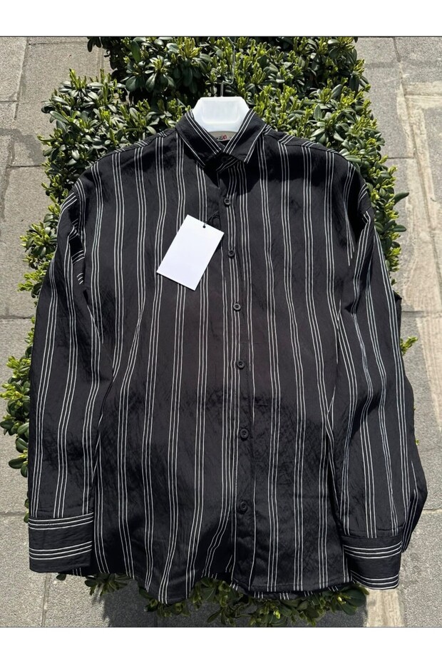 Men's Three Stripes Linen Oversize Relaxed Fit Long Sleeve Summer Shirt