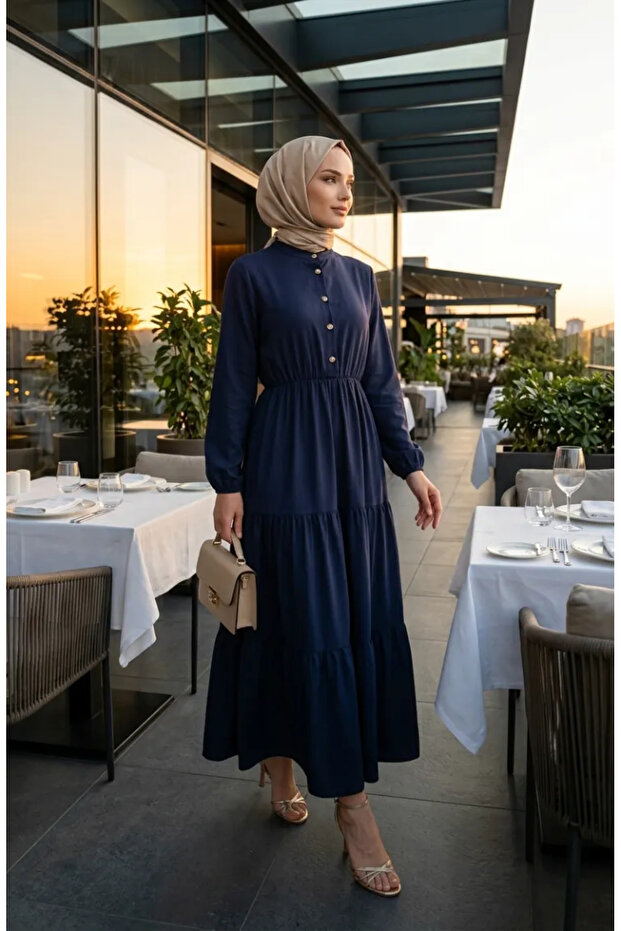 Half-Buttoned Elastic Waist Dress 0276-01 Navy Blue