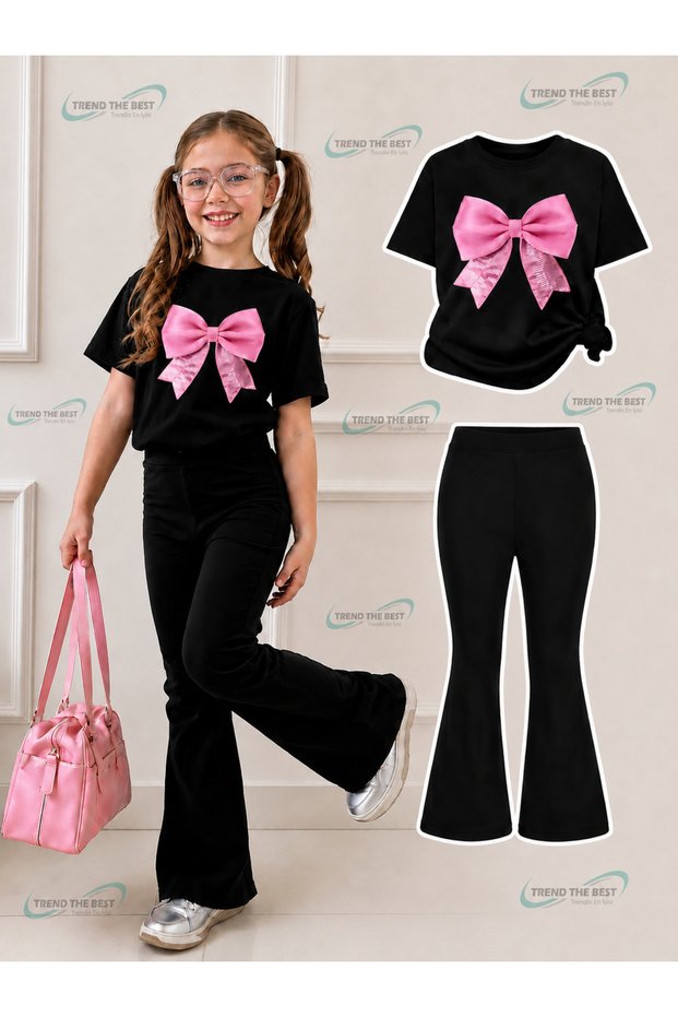 Summer Black Spanish Flared Pants and T-Shirt, Big Bow Print Design Kids Girls Set