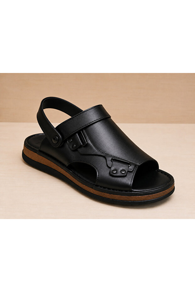 Black Men's Genuine Leather Sandals-Slippers