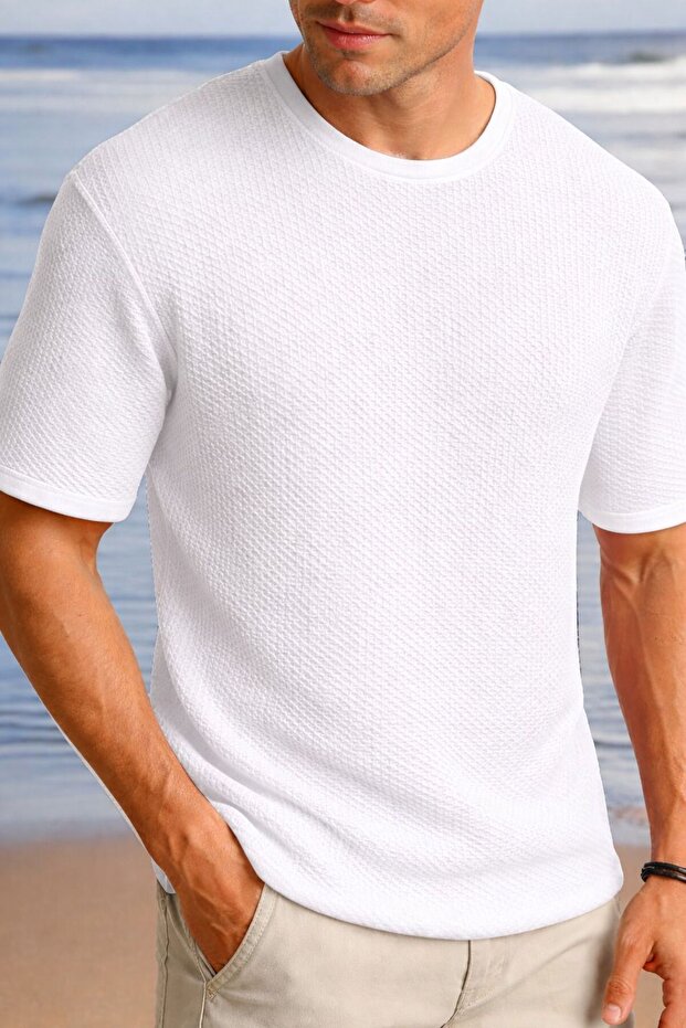Men's Robert Waffle Fabric Crew Neck Short Sleeve White T-Shirt