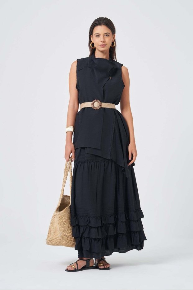 Women's Vest Skirt Linen Set Black 31358