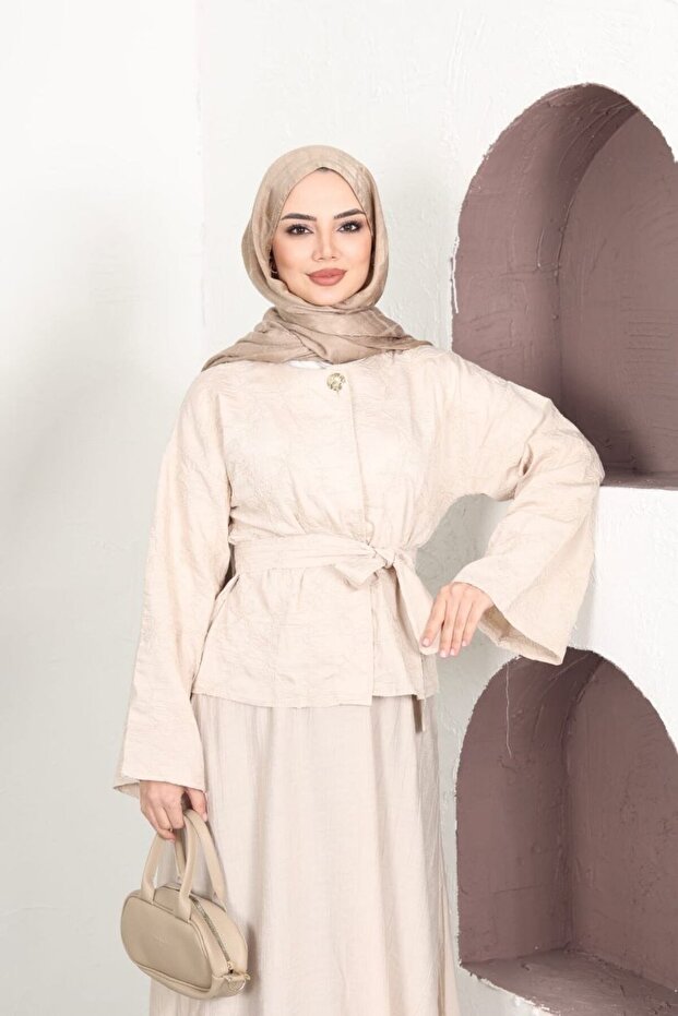 Waist-Tied Jacquard Blouse & Skirt Two-Piece Set Ecru