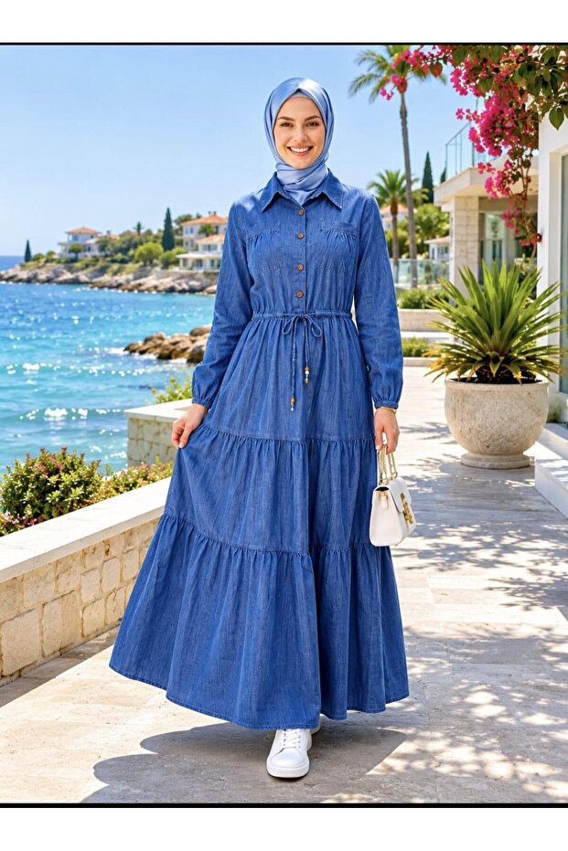 Women's Buttoned, Pocketed, Lace-Up Tencel Fabric Dark Blue Denim Dress