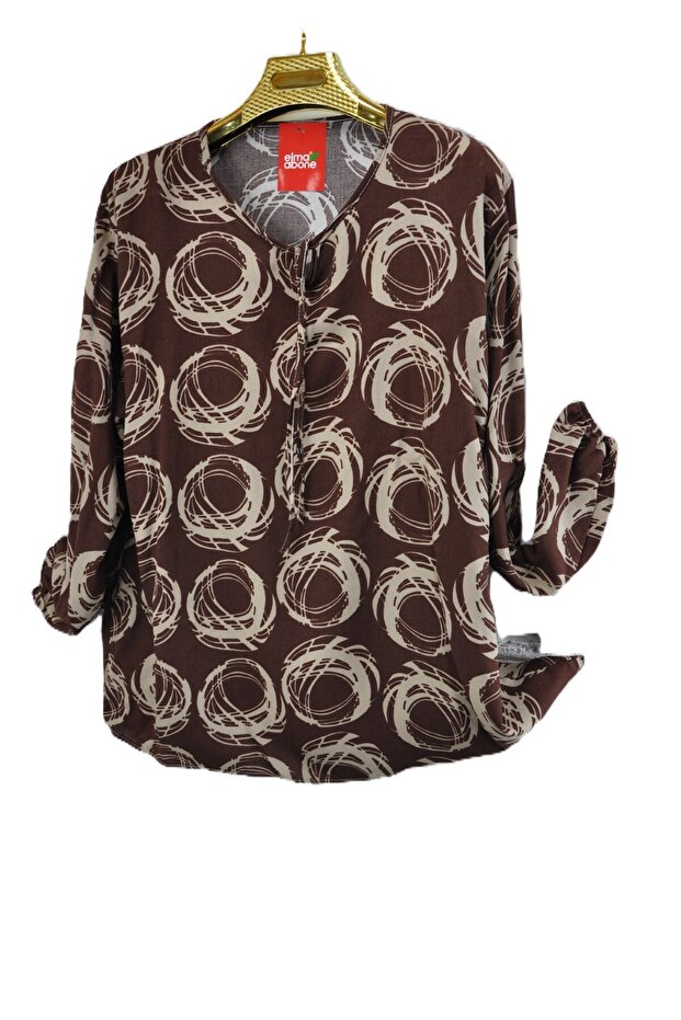 Plus Size Patterned Viscose Lace-Up Short Shirt Blouse