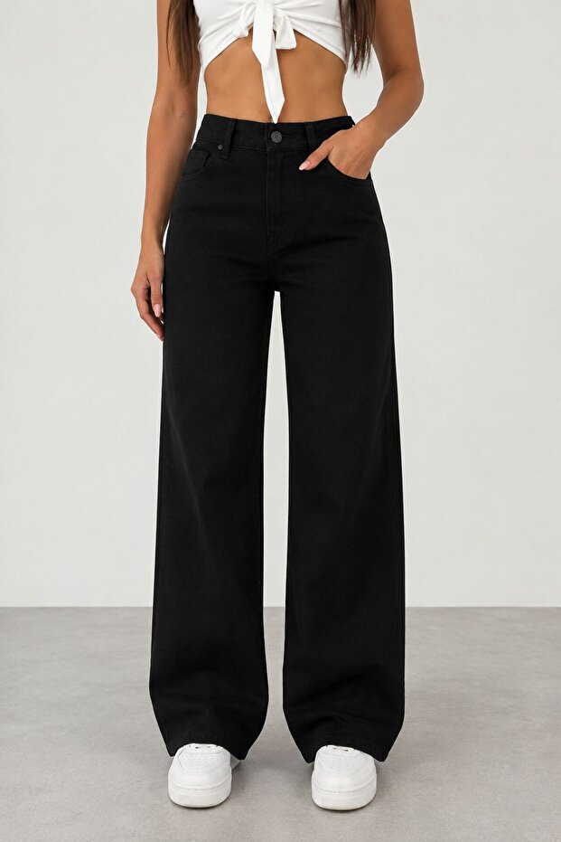Women's Black Stretchy Wide Leg High Waist Jeans Loose Fit Comfortable Cut Denim Trousers
