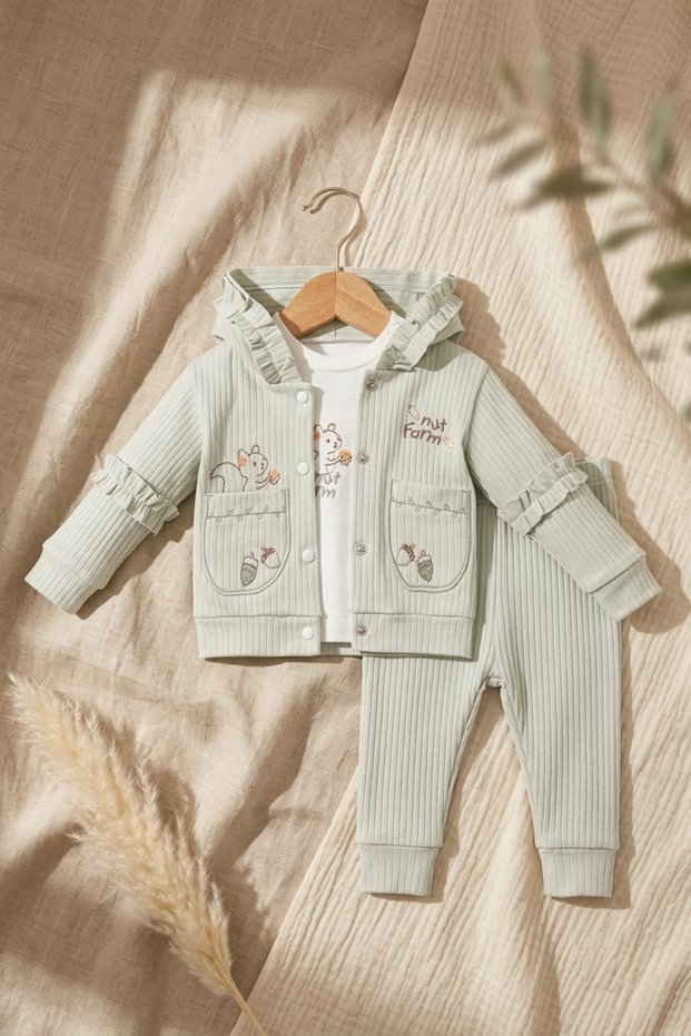 Baby Green Ruffled Squirrel Embroidered 3-Piece Set - Cotton Hooded Cardigan, Bodysuit and Ribbed Pants Set