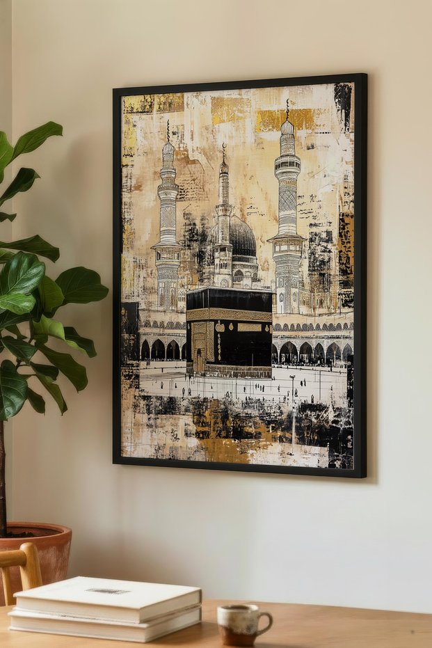 Antique Look Kaaba and Grand Mosque Single Wooden Painting - Black Wooden Framed Home and Business Painting