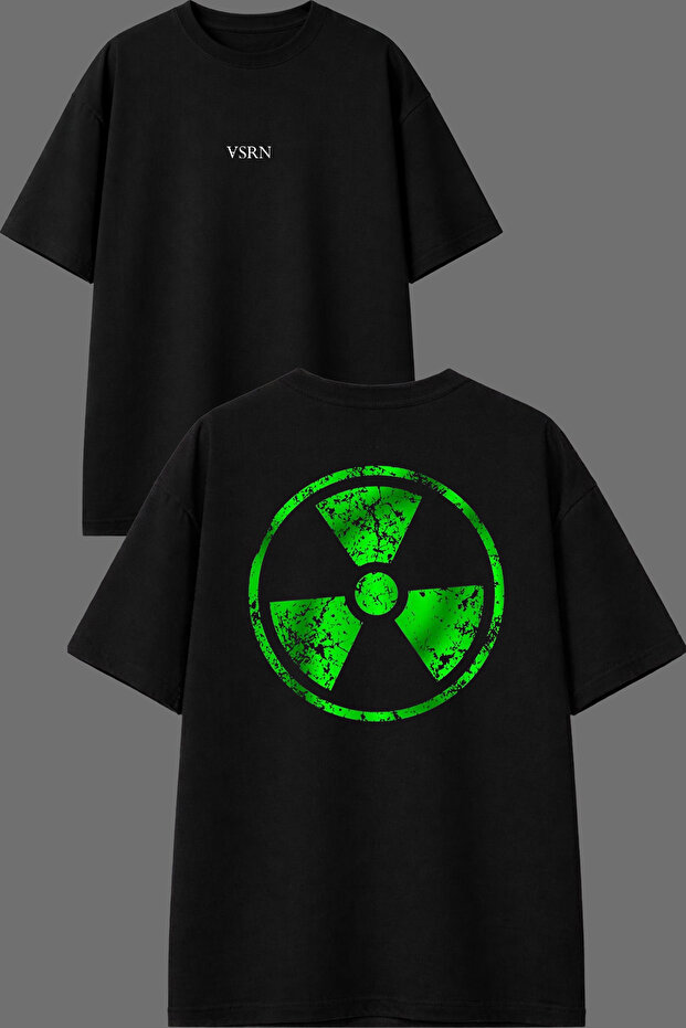تي شيرت أسود كبير الحجم بتصميم Green Radiation مطبوع من الأمام والخلف