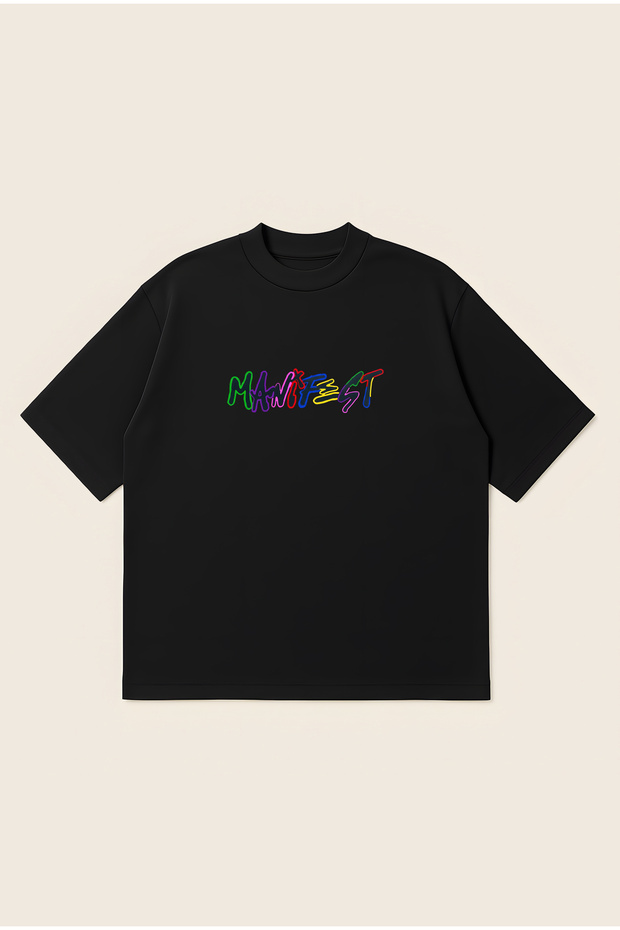 Manifest Neon Logo Oversize Boxy Cut Unisex 100% Cotton Printed Tshirt | Streetwear