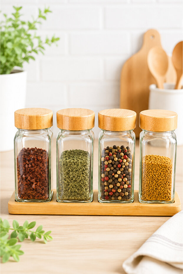 Set of 4 Glass Spice Holders with Bamboo Stands | Modern Kitchen Spice Jar with Bamboo Lid