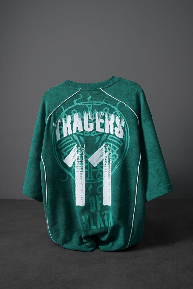 Men's Green Tracers 11 Printed Oversize Tshirt with Washed Effect