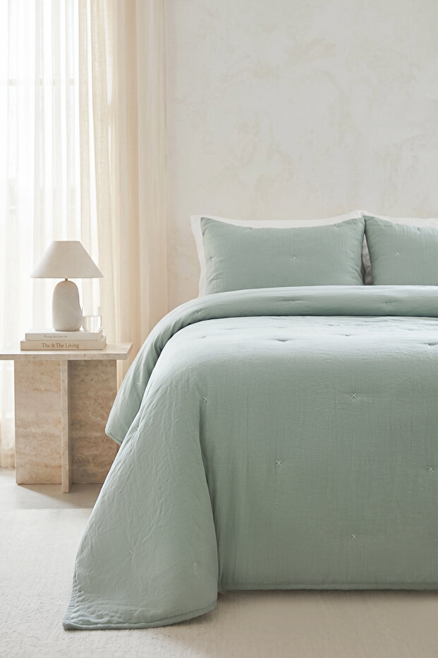 Embroidered Mint Double Bedspread Set 1 Piece 250X230/2 Pieces 50X70