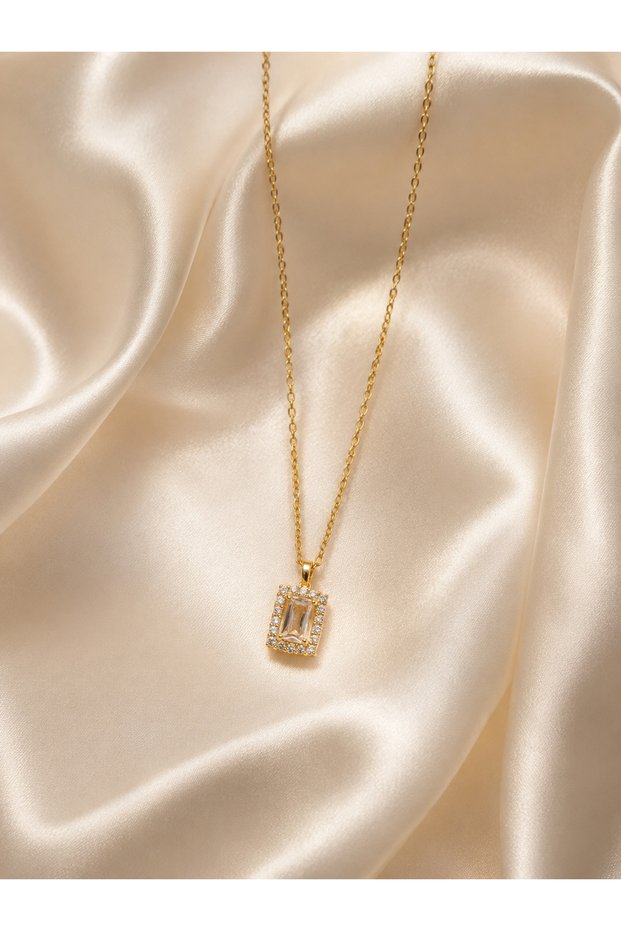 Liora Minimal Baguette Stone Elegant Steel Necklace (Gold Color)