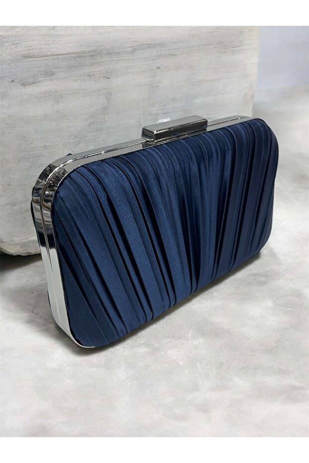 Pleated Navy Blue Satin Chain Strap Evening Dress Bag