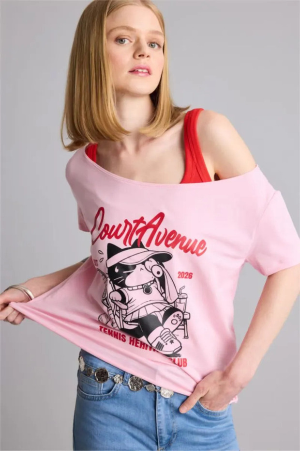 Boxy Fit Boat Neck Printed Short Sleeve T-Shirt H8900Ax26Hs