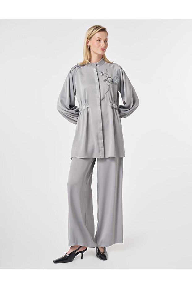 Satin Double Suit with Embroidery Detail in Gray