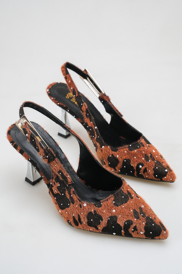 050 Women's Leopard Textured Stone Detailed Slingback Stiletto Metallic Heeled Shoes for Evening Dresses and Special Occasion Elegance