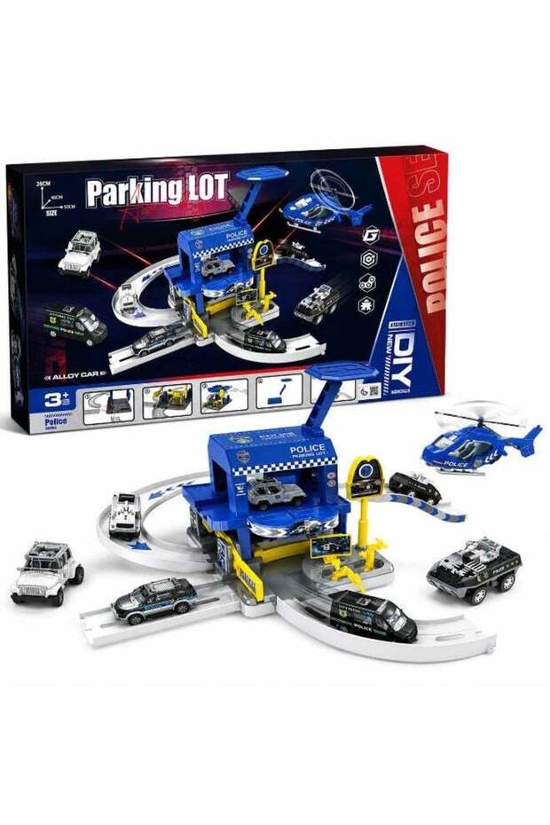 DIY Police Station Parking Lot Playset – Multi-Level Toy Garage Track with Die-Cast Alloy Cars and Helicopter – Action Rescue Vehicle Track Set for Kids, Ages 3+