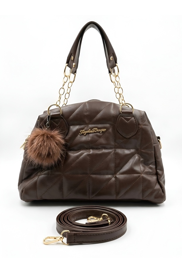 Quilted Women's Shoulder and Hand Bag – Gold Detailed, Stylish and Convenient, with Strap, 28X22 cm