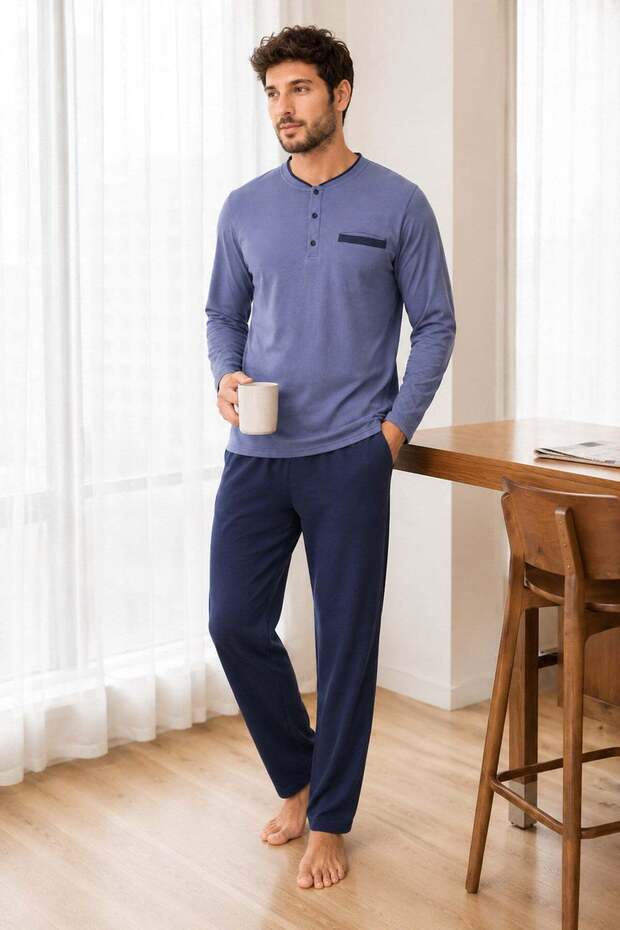 Men's Long Sleeve 100% Cotton Pajama Set Navy Blue