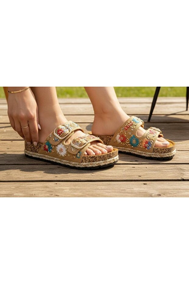 26Y217-7 Women's Double Band Canvas Premium Slippers with Stone and Jute Garnish on Matar Sole