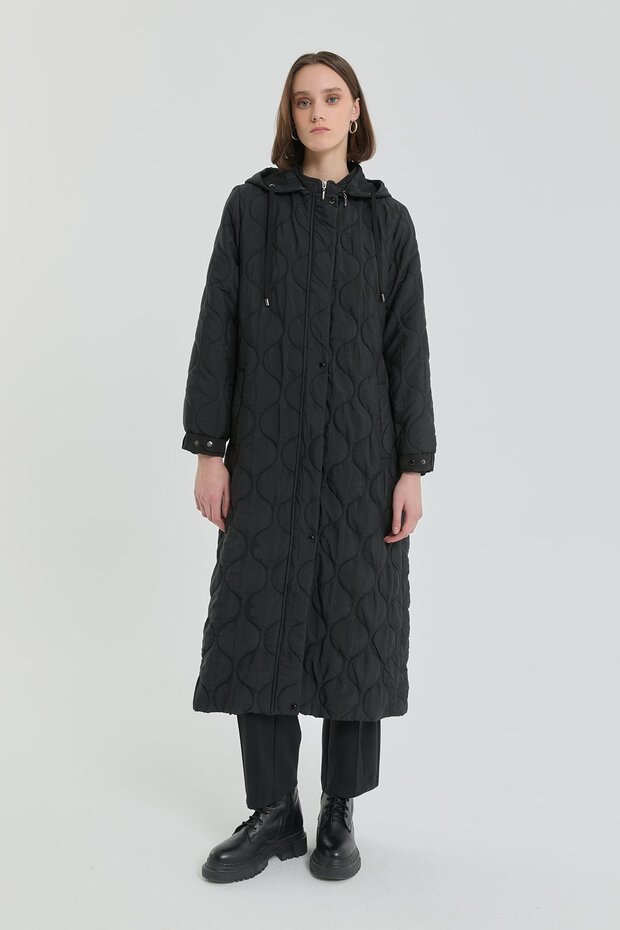 Plus Size Thin Quilted Mobile Hooded Overcoat - Black