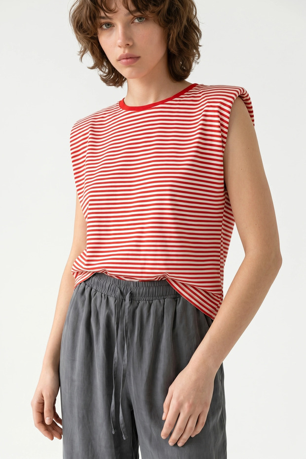 Padded Crew Neck Striped Sleeveless T-Shirt
