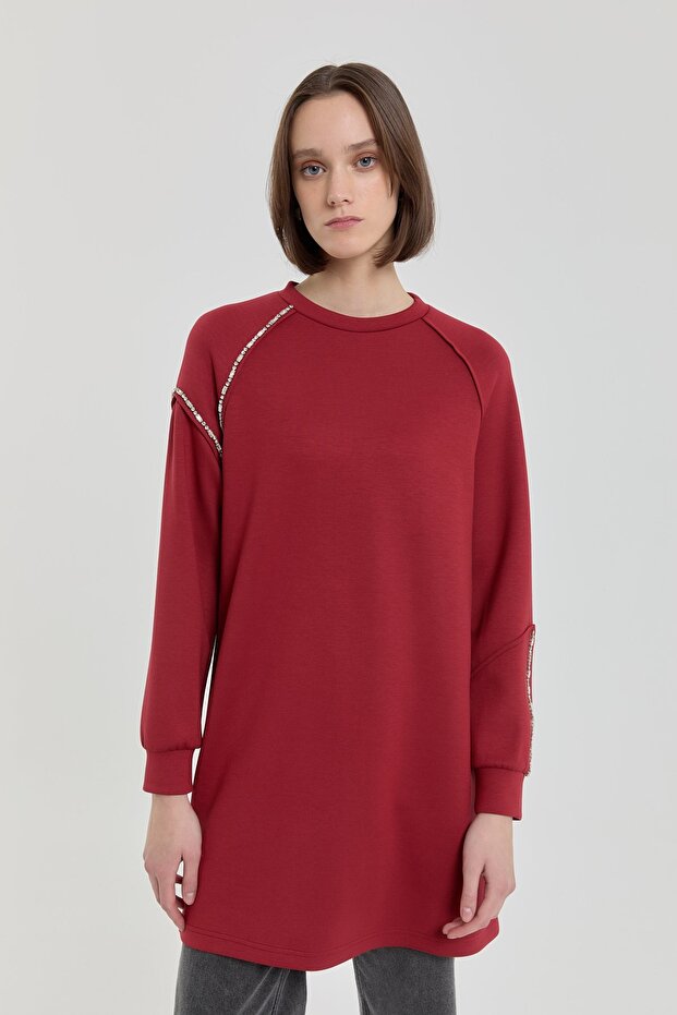 Stone Detailed Knitted Sweatshirt Burgundy