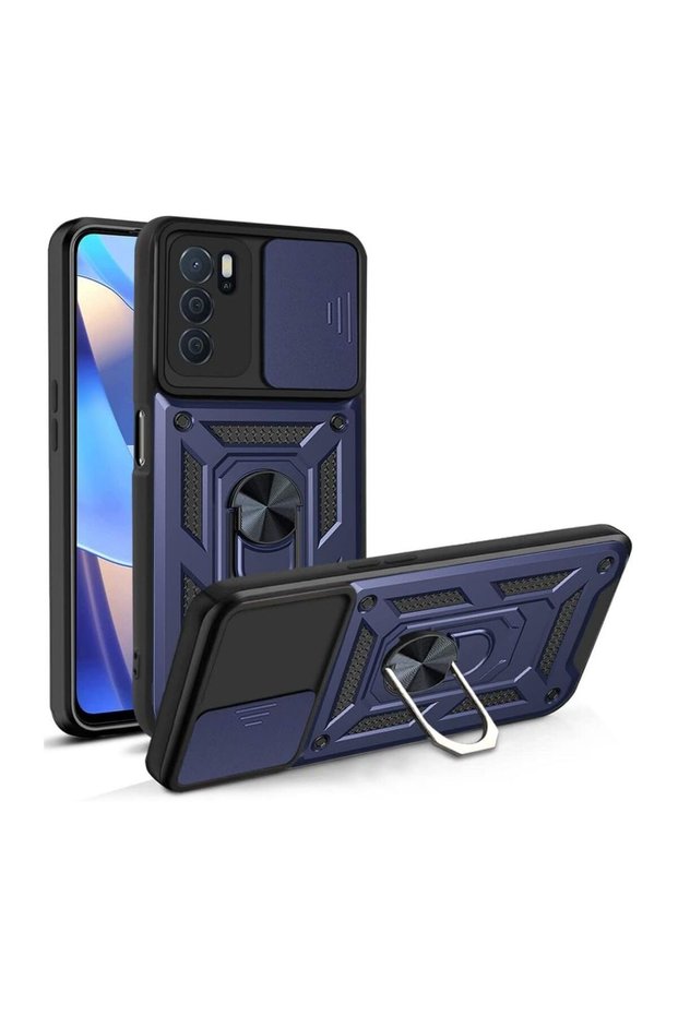 Oppo A16 Compatible Tank Case - Extra Impact Protection with Ring Stand, Armored Outdoor Cover, Navy Blue