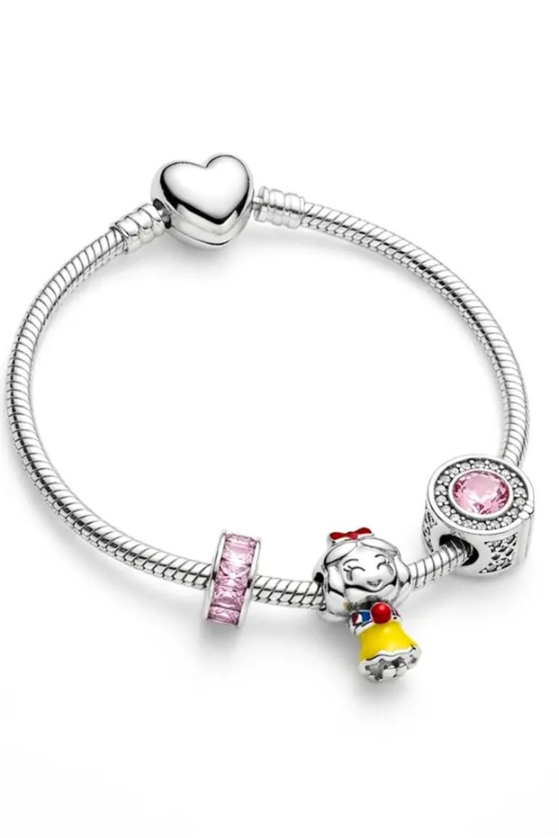 Snow White Design Heart and Mesh Chain Bracelet for Kids Steel Stainless Tarnish-Free Guaranteed