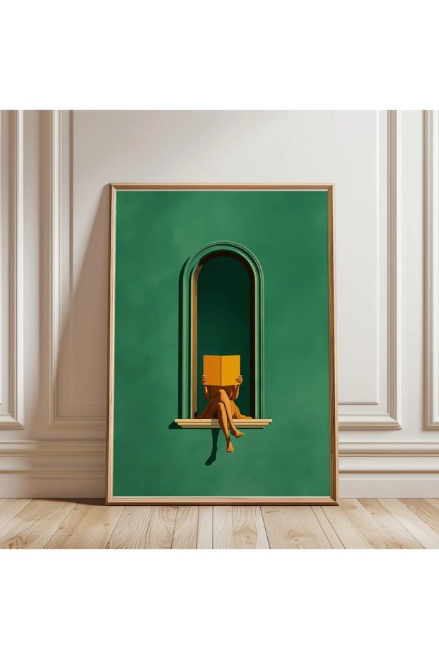 Emerald Green Woman Reading Print-Green Wall Art, Library, Book Lover Gifts, Minimalist Decor, Dopamine Decor, Reading Nook Bedroom Wall Art